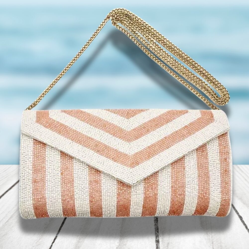 NEW Seed Beaded Ivory & Pink Striped Summer Crossbody Chain Clutch Handbag Bag - Picture 5 of 5
